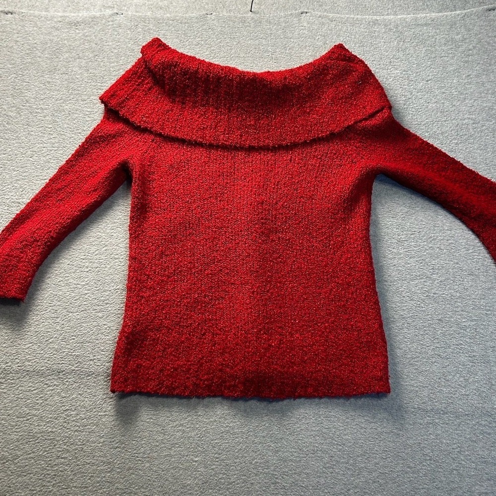 Womens Red Boucle Knit Cowl Neck Sweater Petite Medium Cozy Pullover CJ Banks